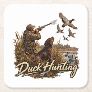 Waterfowl Hunting Logo, Mallard Duck Emblem Square Paper Coaster