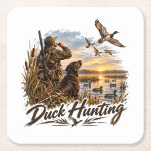 Waterfowl Hunting Logo, Mallard Duck Emblem Square Paper Coaster