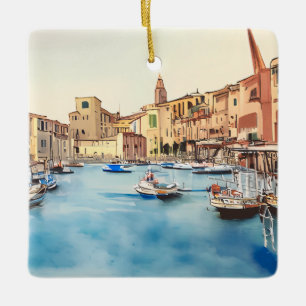 Waterfront And Boats In The Harbour, Italian Ceramic Ornament
