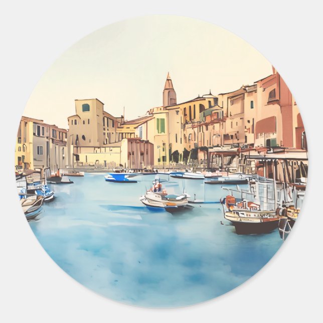 Waterfront And Boats In The Harbour, Italian Classic Round Sticker (Front)