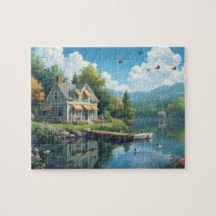 Waterfront Cottage Lake House Ducks Summer Jigsaw Puzzle