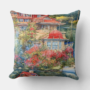 Waterfront Home with Sailboat Throw Pillow