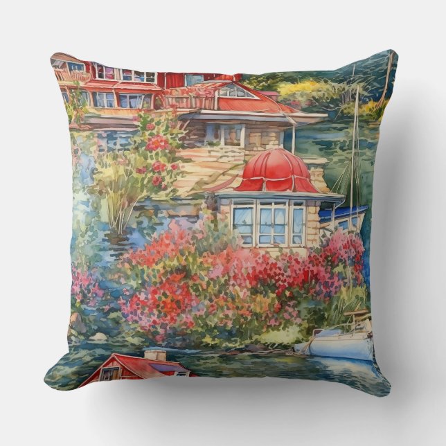 Waterfront Home with Sailboat Throw Pillow (Front)