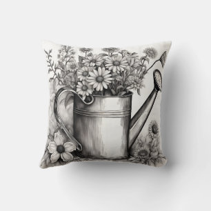 Watering can, Black & white art , Spring Art Throw Pillow