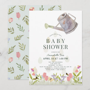 Watering Can Floral Garden Theme Baby Shower Invitation