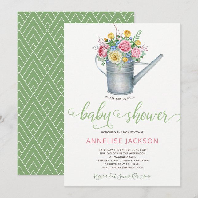 Watering can sage blush pink floral baby shower invitation (Front/Back)