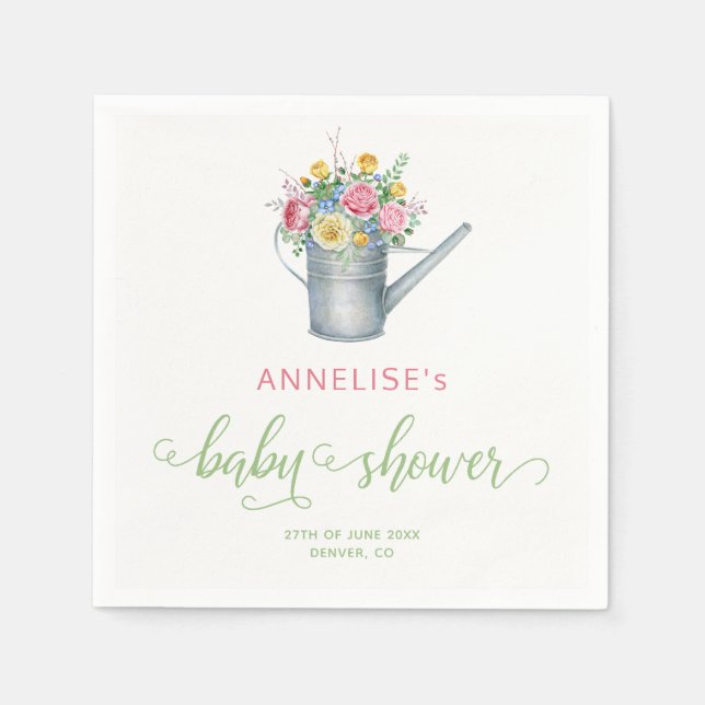 Watering can sage blush pink floral baby shower napkin (Front)