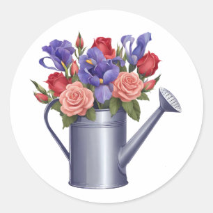 Watering Can with Colourful Garden Flowers Classic Round Sticker