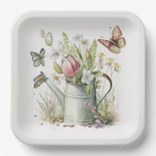 Watering Can With Tulips and Butterflies   Paper Plate
