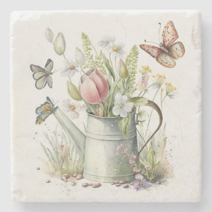 Watering Can With Tulips and Butterflies Stone Coaster