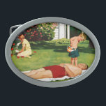 Watering Father Belt Buckle<br><div class="desc">Artist: Richard Sargent | Son waters father, asleep on lawn, with sprinking can</div>