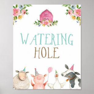 Watering Hole Farm Animals Girl Birthday Pink Poster