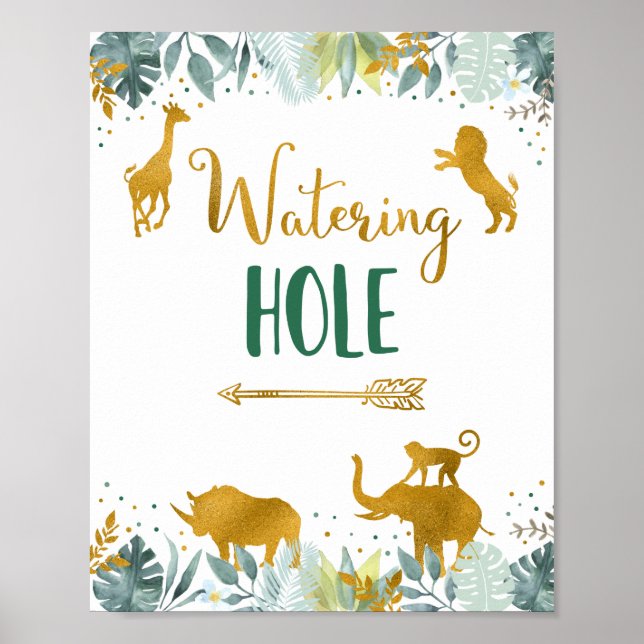 Watering Hole Greenery Gold Safari Birthday Sign (Front)