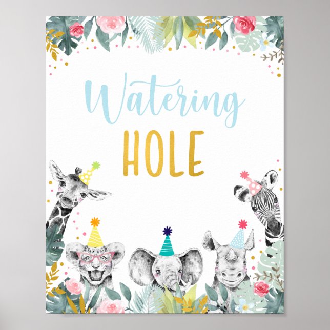 Watering Hole Pink Gold Party Animal Birthday Sign (Front)