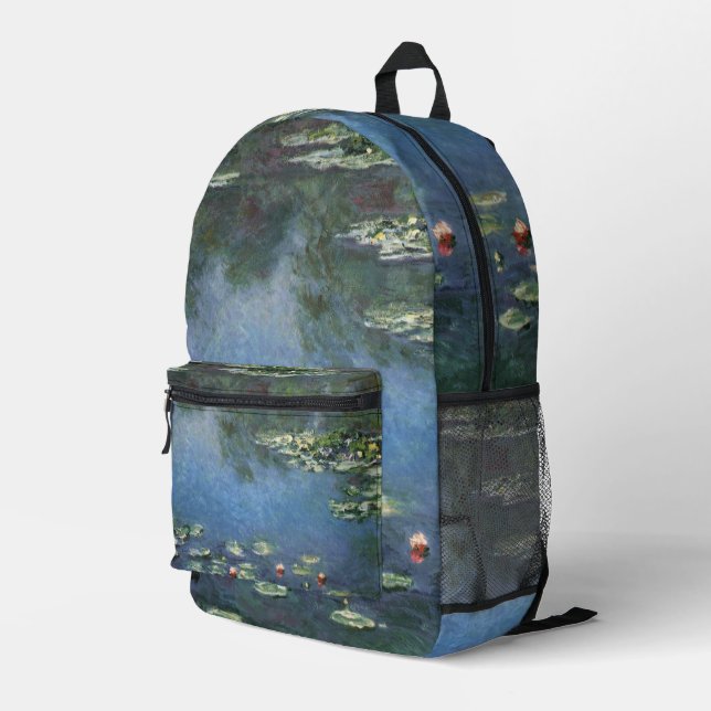 Waterlilies by Claude Monet, Vintage Flowers Printed Backpack (Back Corner Right)