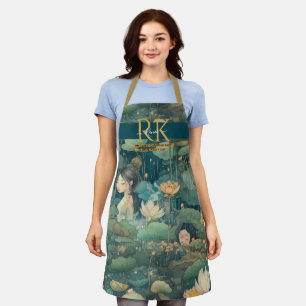 Waterlilies fairytale green hues custom Monogram Apron