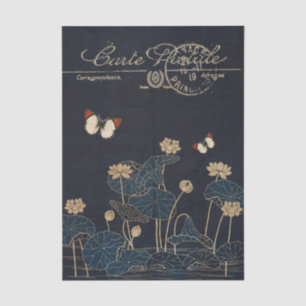 Waterlily Flower Butterfly Decoupage Vintage Blue Tissue Paper