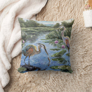 Waterlily Herons: Great Blue Herons in Pond Throw Pillow