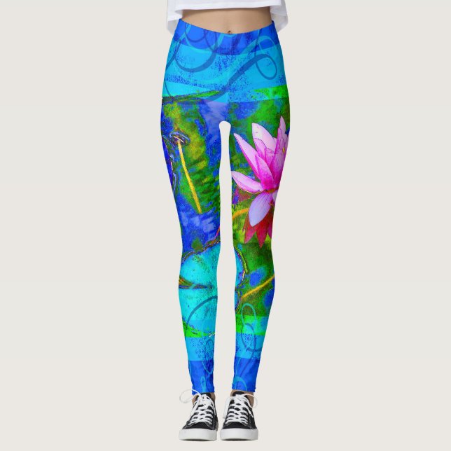 Waterlily Lotus Blossom Blue Yoga Bliss Leggings (Front)