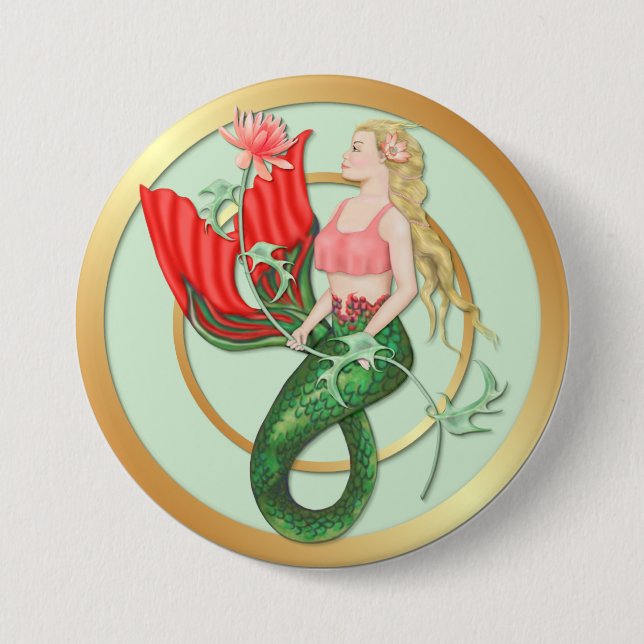 Waterlily Mermaid 3 Inch Round Button (Front)