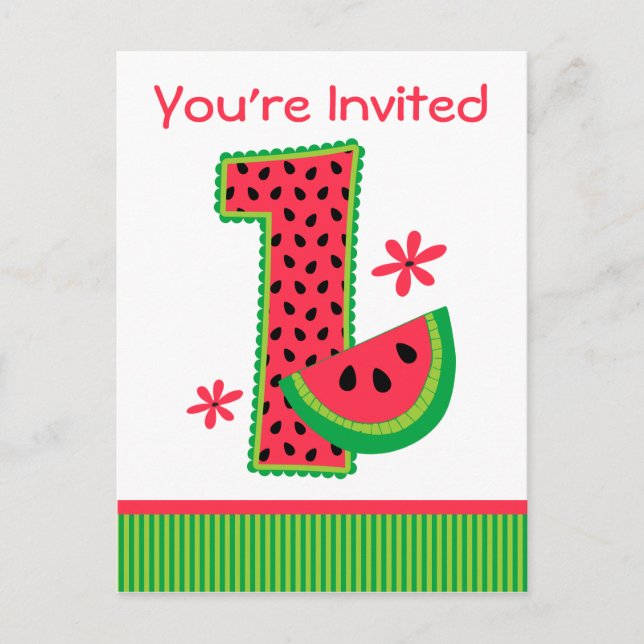 Watermelon 1st Birthday Stripe Invitation Postcard (Front)