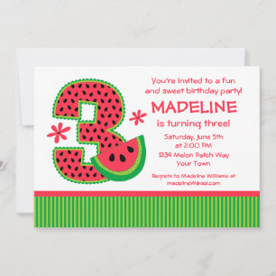 Watermelon 3rd Birthday Stripe Invitation