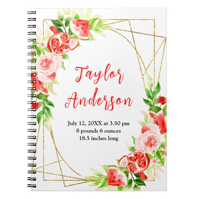 Watermelon and Pomegranate Baby Birth Stats Notebook (Front)