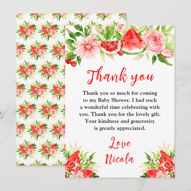 Watermelon and Pomegranate Baby Shower Thank You Card (Front/Back)