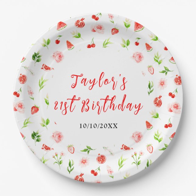 Watermelon and Pomegranate Birthday Paper Plate (Front)