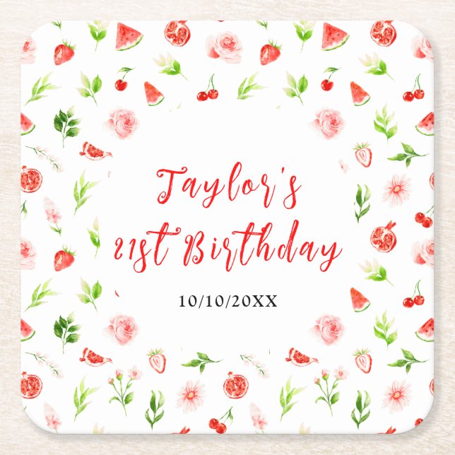 Watermelon and Pomegranate Birthday Square Paper Coaster (Front)
