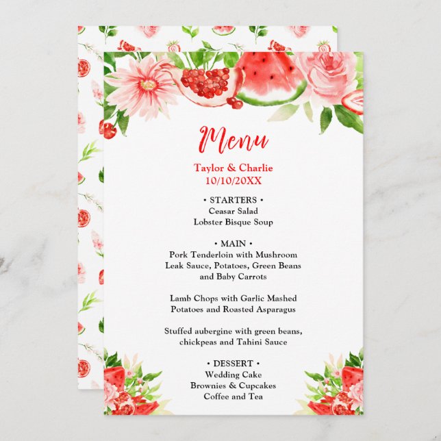 Watermelon and Pomegranate Wedding Menu (Front/Back)
