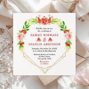 Watermelon and Pomegranate with Foliage Wedding Invitation