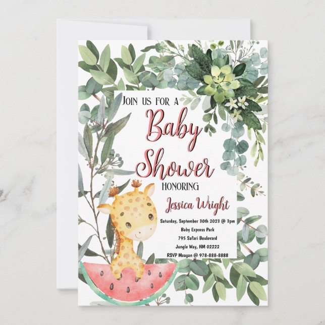 Watermelon Baby Giraffe Watercolor Baby Shower Invitation (Front)