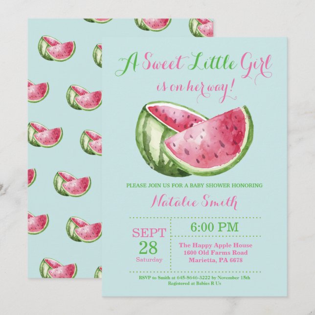 Watermelon Baby Shower Aqua Teal Turquoise Invitation (Front/Back)