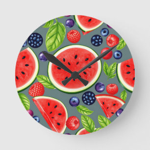Watermelon Berry Summer Pattern Round Clock