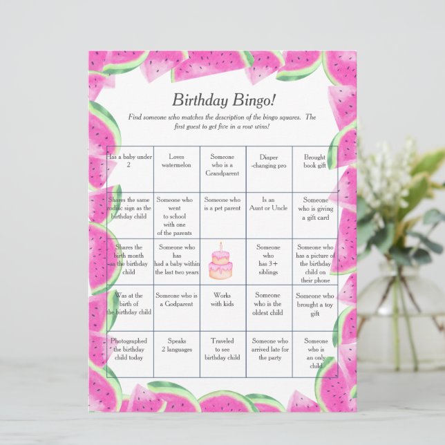 Watermelon  Birthday Find Guest Bingo game card (Standing Front)