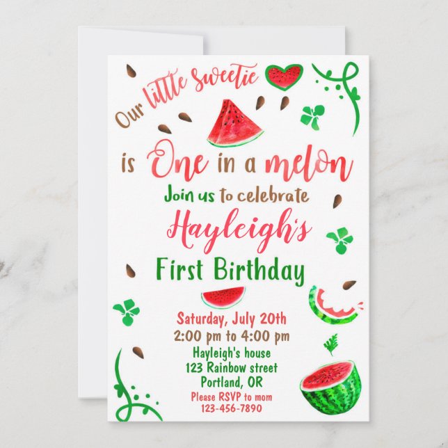 Watermelon birthday invitation Girl first birthday (Front)