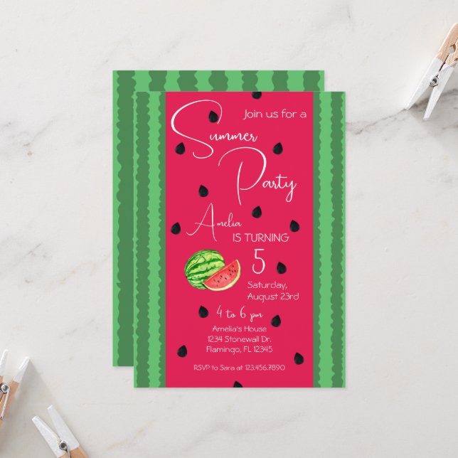 Watermelon Birthday Invite 5x7 (Front/Back In Situ)