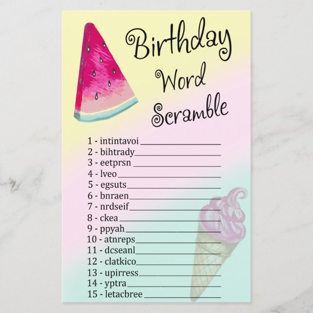 Watermelon Birthday Word Scramble Game (Front)