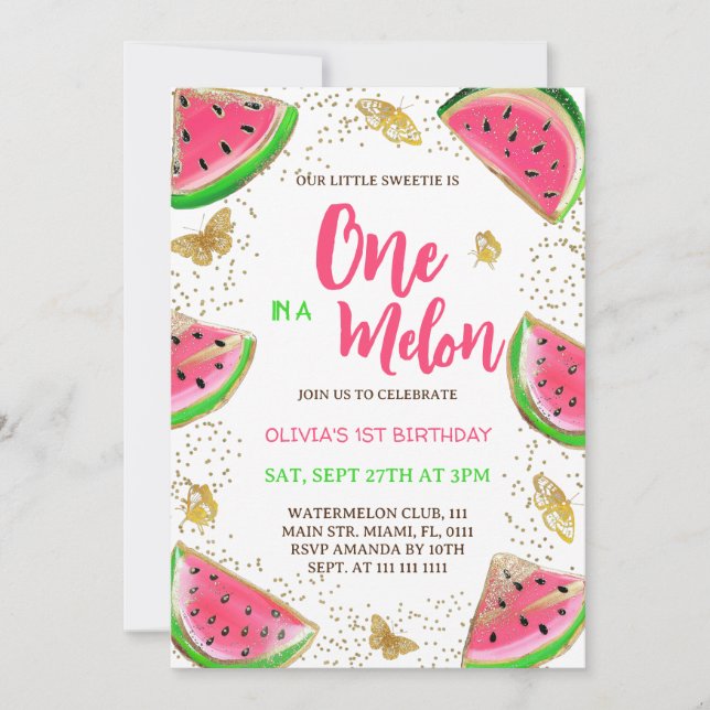 Watermelon Butterflies Girl 1st Birthday  Invitation (Front)