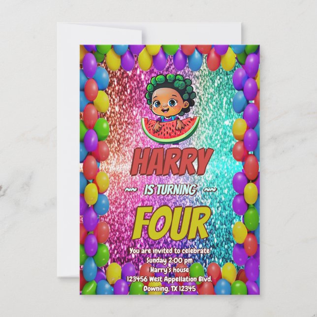 Watermelon cartoon birthday invite for kids (Front)