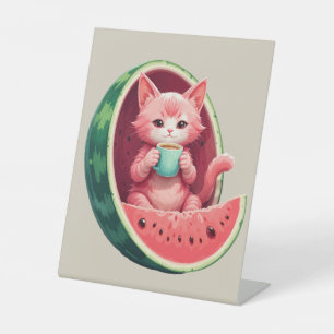 Watermelon Cat Coffee Break Pedestal Sign