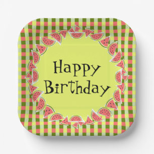 Watermelon Check Birthday square Paper Plate