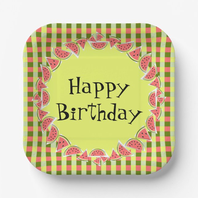 Watermelon Check Birthday square Paper Plate (Front)