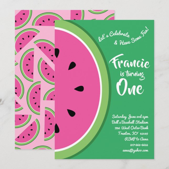 Watermelon Coloré 1er Anniversaire Cute Invitation (Devant / Derrière)