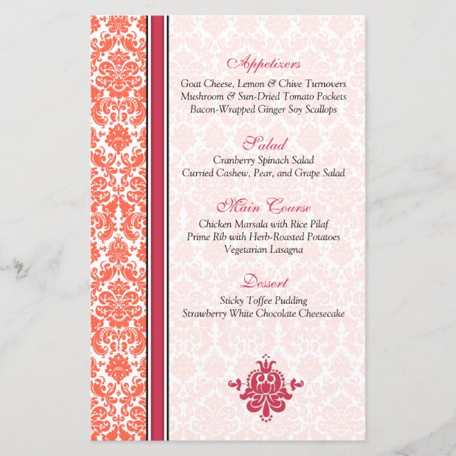 Watermelon Coral Damask Menu Card Version 2 (Front)