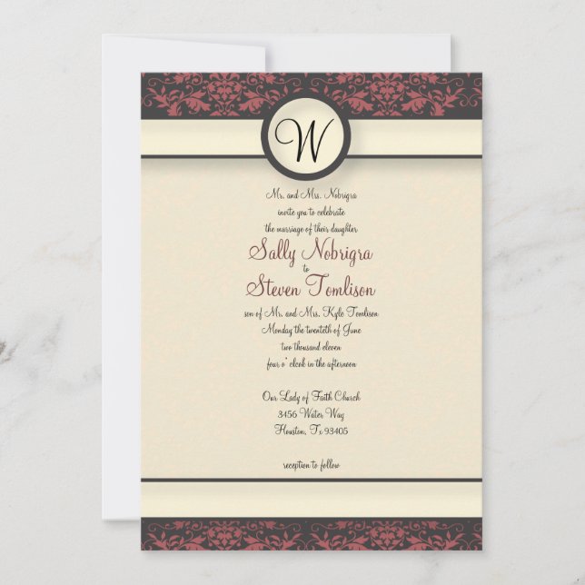 Watermelon & Cream Damask Wedding Invitation (Front)