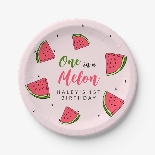 Watermelon Cute One in a Melon 1st Baby Birthday P Paper Plate (Front)