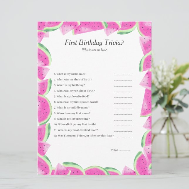 Watermelon First Birthday Trivia game card (Standing Front)