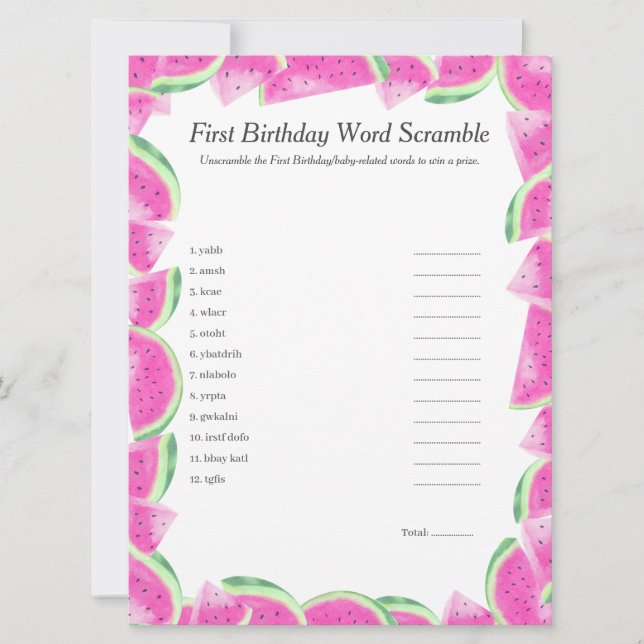 Watermelon First Birthday Word Scramble Game card (Front)